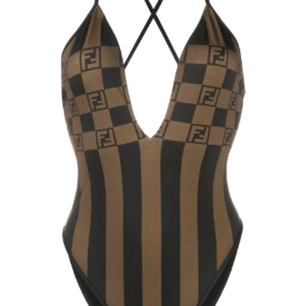 Auth Fendi FF Motif Striped Swimsuit